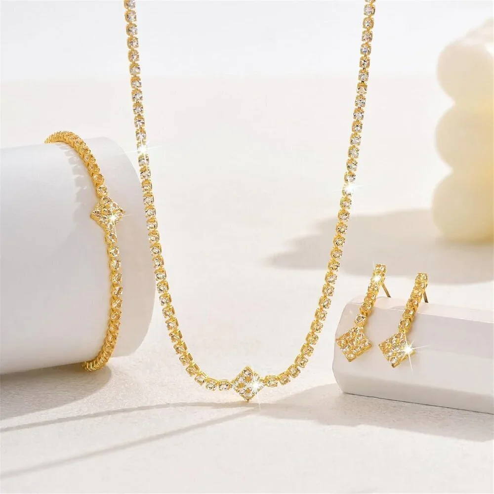 Bridal Jewelry Set Women Crystal Necklace Earrings Bracelet Formal Occasions